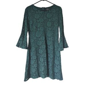 Lulu's Women's Size Medium Hunter Green Lace Overlay Lined Bell Sleeves Dress
